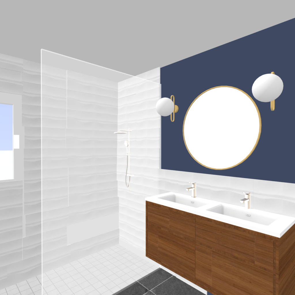 plan 3D douche italienne et double vasque bois et blanche