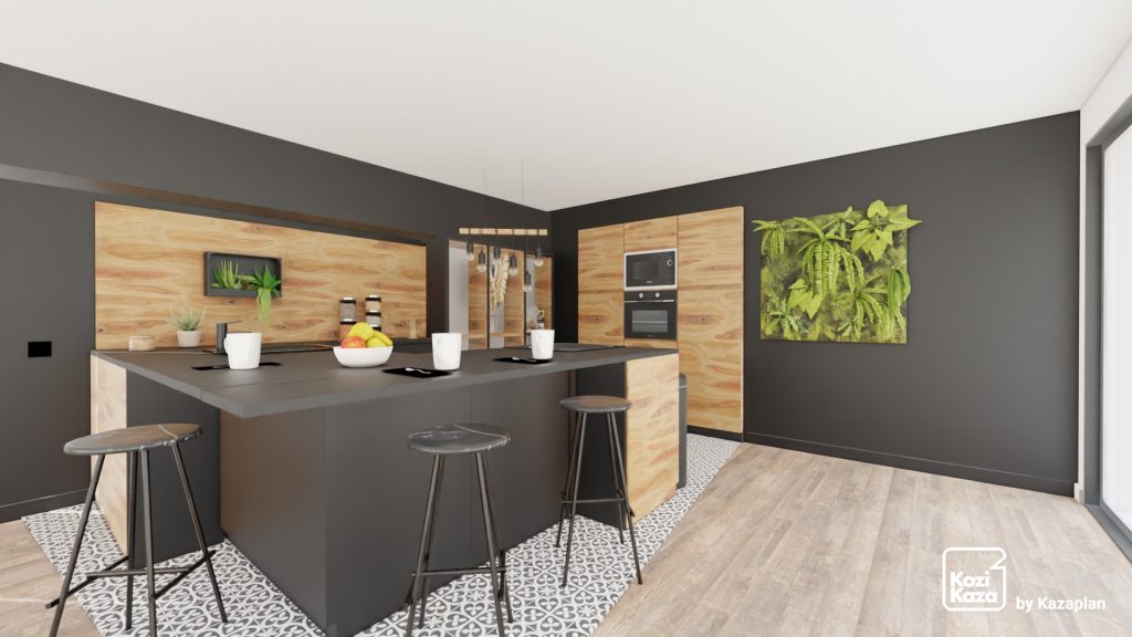 plan 3D cuisine noire et bois avec mur d'armoires