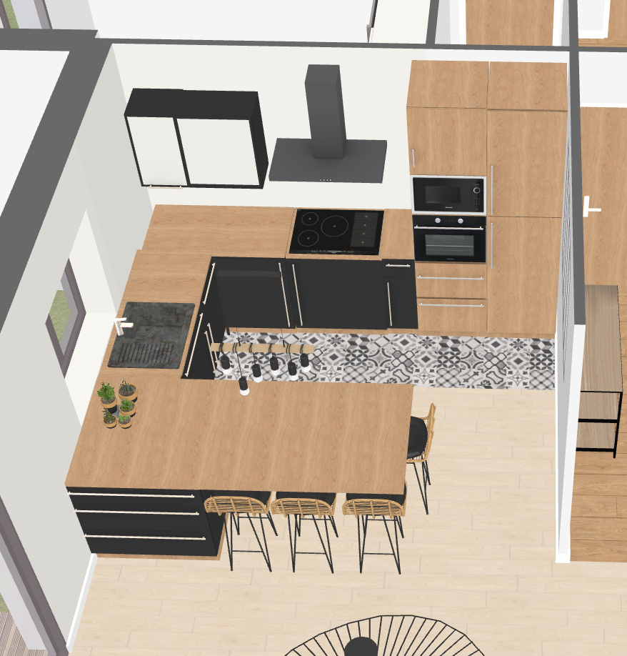 plan 3D cuisine noire et bois moderne