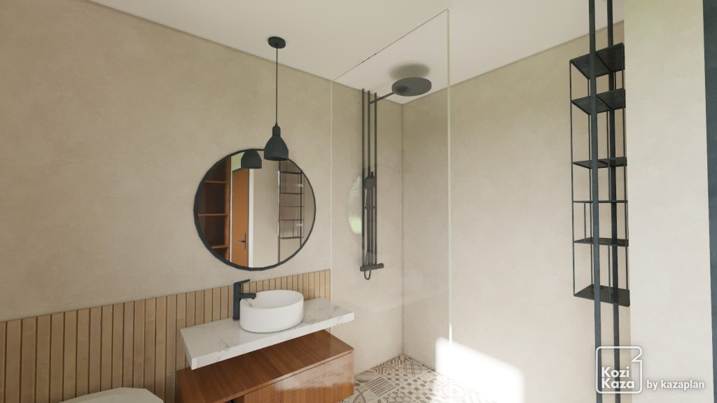 plan 3D de salle de bain avec douche italienne