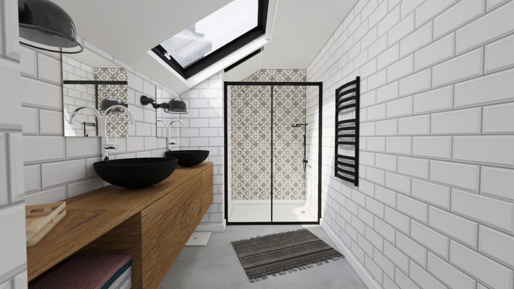 plan 3D salle de bain moderne blanche et noire