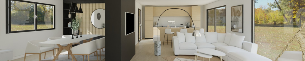 plan 3D salon contemporain blanc et bois