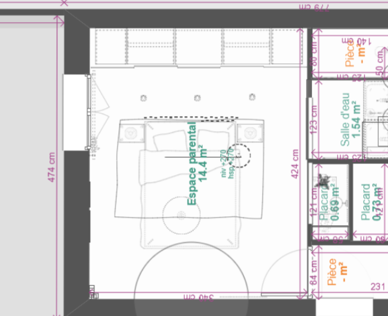 Plan 2D d'une chambre de 14 mètres carrés