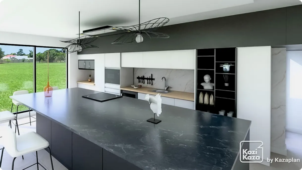 Exemple de rendu 3D d'une cuisine noire et blanche