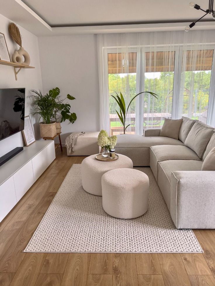 Salon minimaliste moderne avec un canapé gris