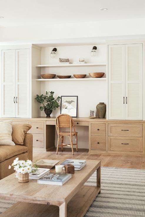 Salon moderne et cosy avec des couleurs blanc et bois