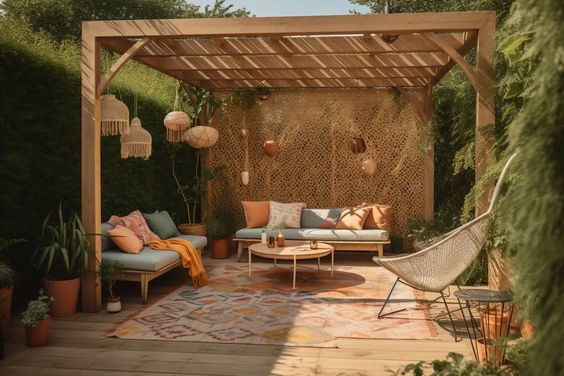 Salon de jardin ambiance cozy avec pergola